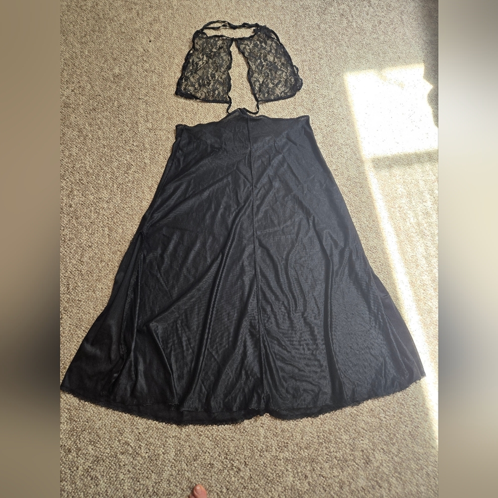 Fredericks of Hollywood Black Satin Lace Long 2 Slits Halter Top Nitgown Large